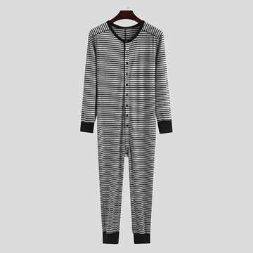 Riolio Men's Striped Pajamas O-Neck Long Sleeve Romper Home Wear Cozy Leisure Sleepwear S-3XL
